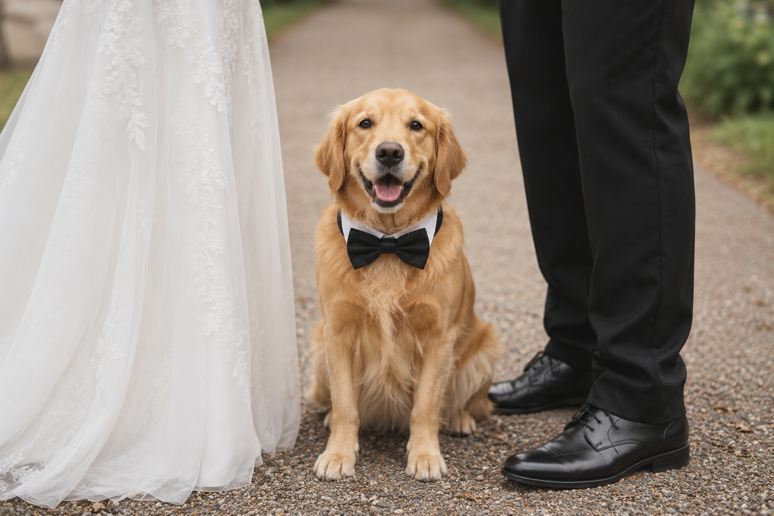 Golden retriever with bow tie sitting between bride and groom